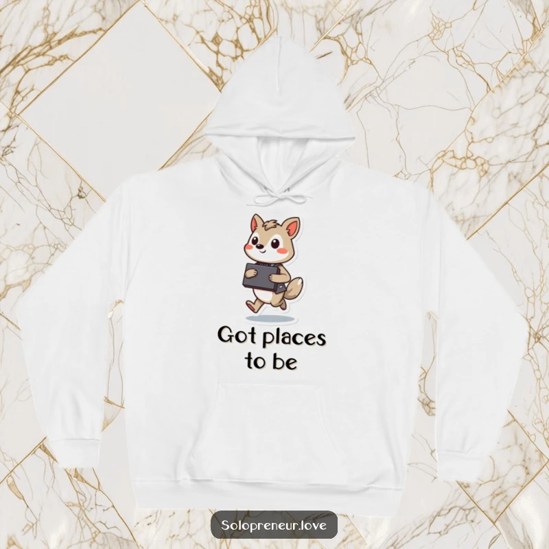 Funny Hopping Executive Hoodie: Soft hoodie showing a character with a briefcase, confidently hopping with purpose.