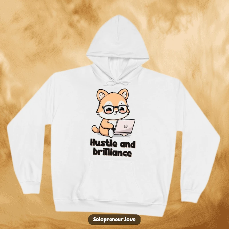 Funny animal hoodie with a cute, bespectacled animal character focused on a tiny laptop, providing warmth and intellectual charm.