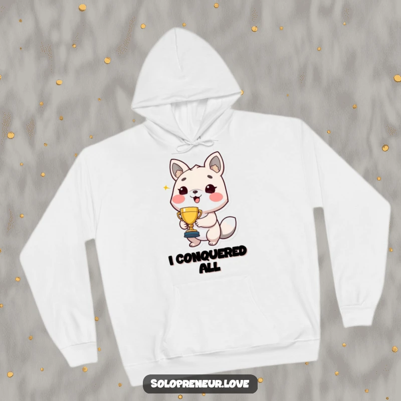 Funny hoodie showcasing a proud animal character clutching a small trophy, beaming with pride, a symbol of funny success.