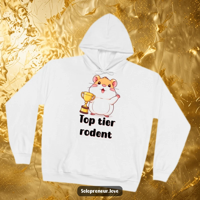 Funny beaming hamster hoodie featuring a character proudly displaying a trophy, offering warmth and a symbol of victory.