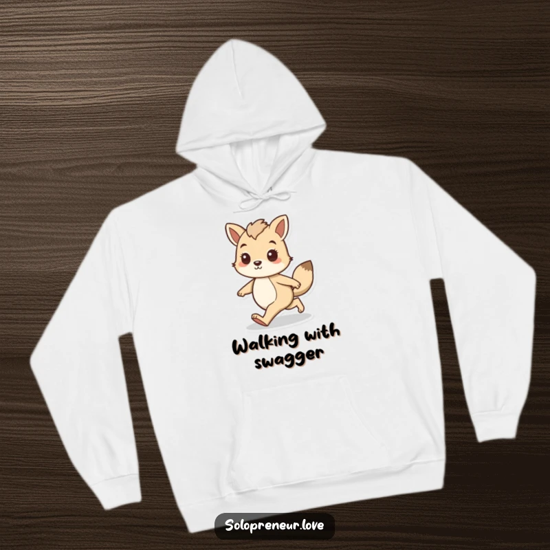 Funny hoodie depicting an animal character walking forward with a confident, purposeful stride, offering warmth and inspiration.