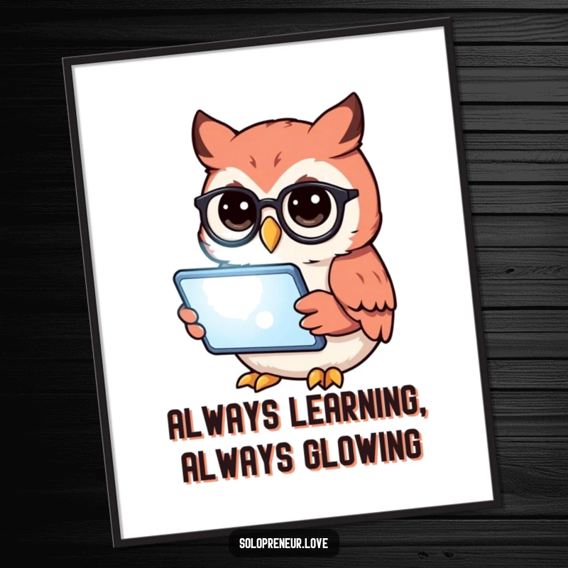 Funny free printable wall art of a wise owl with glasses, engrossed in a glowing tablet, adding a humorous touch to decor.