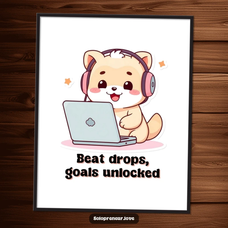 Funny free printable wall art of a cute creature wearing headphones, excitedly focused on a laptop screen, embodying digital fun.