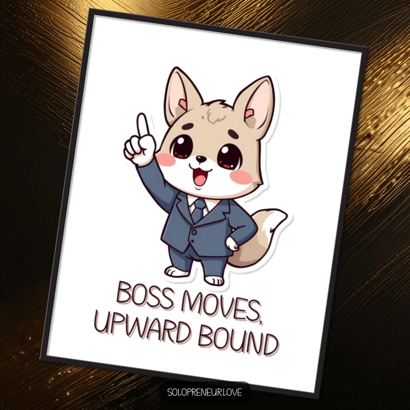 Funny free printable wall art of a motivated animal in a suit pointing upwards energetically, exuding ambition and humor.