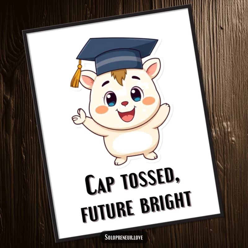Funny free printable wall art of a happy creature in a graduation cap, cheering enthusiastically, symbolizing accomplishment and joy.