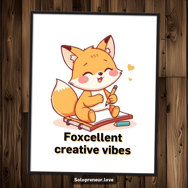 Funny Free Printable wall art: Small fox gleefully sketching on a notepad, radiating creative energy.
