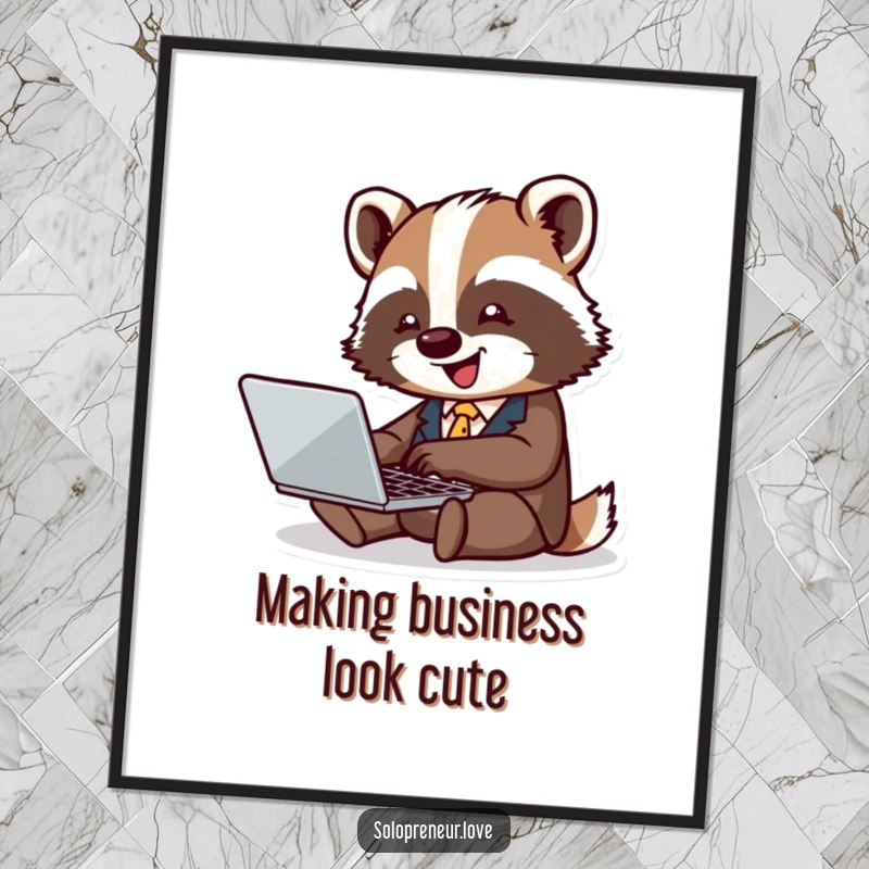 Funny Free Printable wall art: Tiny badger in a business suit joyfully typing on a laptop, adding a touch of humor.