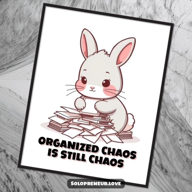 Funny Free Printable Wall Art: A determined rabbit humorously sorting a mountain of papers, perfect for office humor.