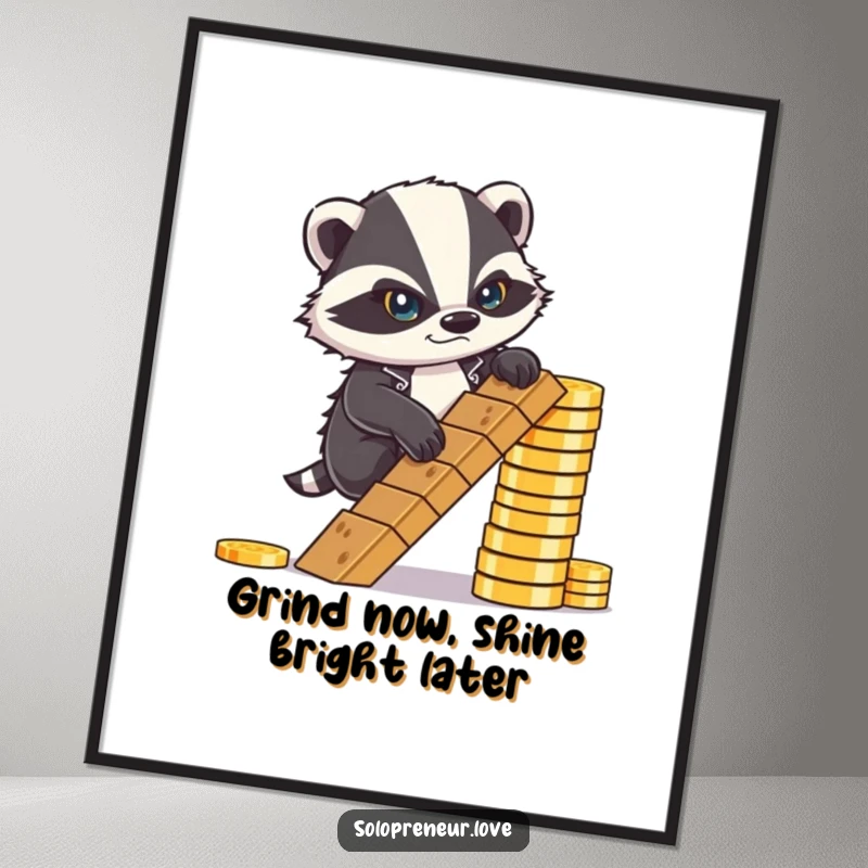 Funny Free Printable Wall Art: a determined badger with a frown, climbing a ladder constructed from gold coins towards success.