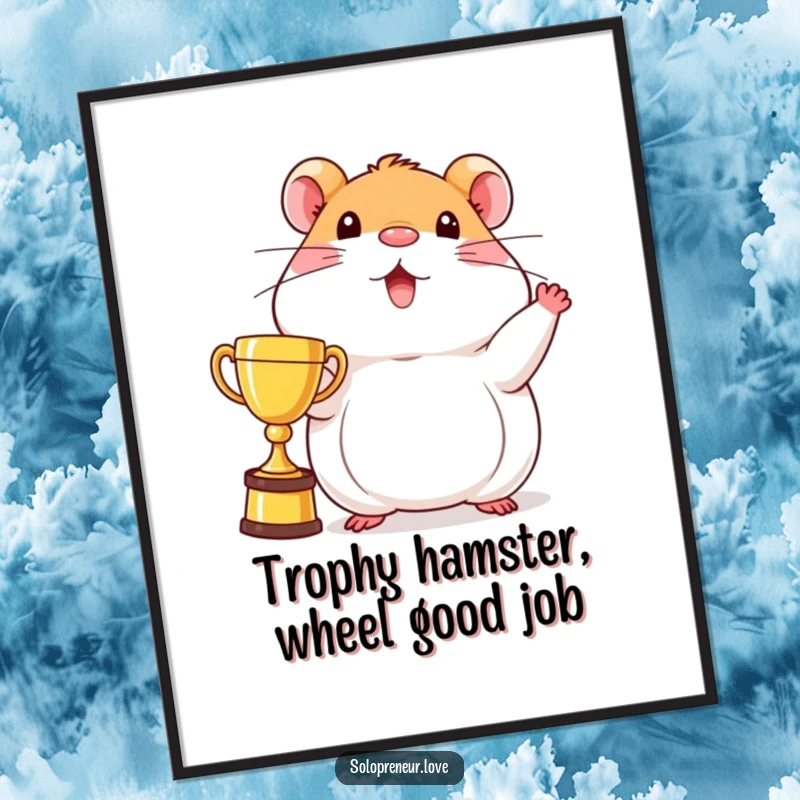 Funny Free Printable Wall Art of a beaming hamster character proudly displaying a single golden trophy, celebrating success and joy.