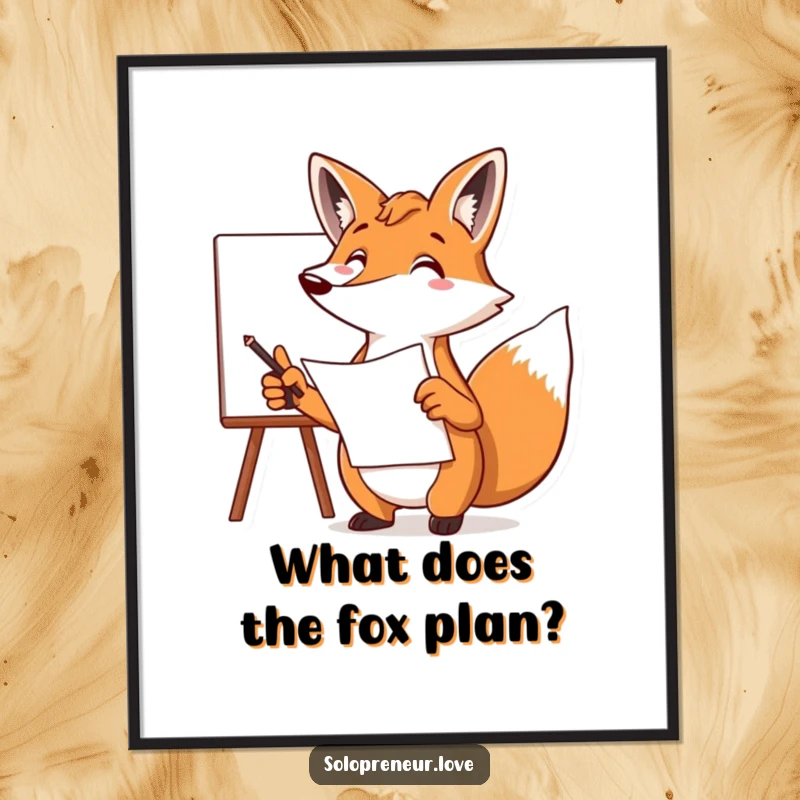 Funny Free Printable Wall Art: A focused fox holds a plan and enthusiastically points at a whiteboard with a big idea.