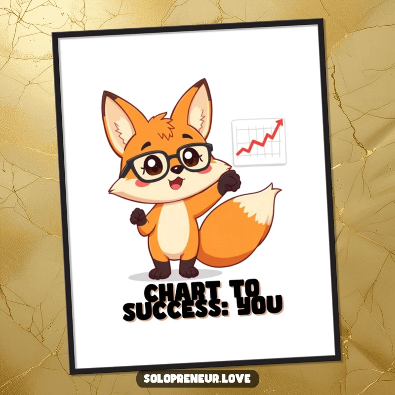 Funny Free Printable Wall Art: A determined fox in glasses excitedly pointing at a floating, upward trending chart.