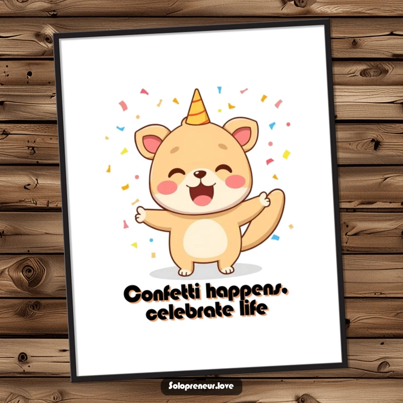 Funny Free Printable Wall Art: Happy animal celebrates a victory with a vibrant confetti shower. Festive downloadable decor.