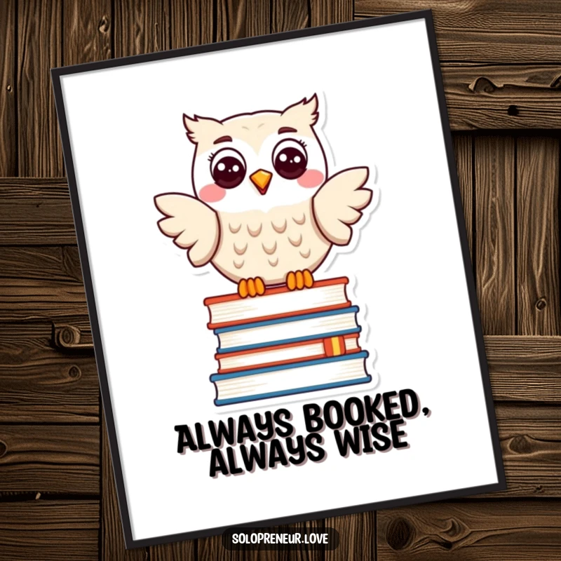 Funny Free Printable Wall Art: A joyful owl smiles contentedly while perched on a large stack of colorful books.