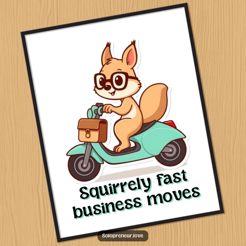 Funny Free Printable Wall Art: A cheerful squirrel holding a briefcase speeds by on a scooter, full of energy.