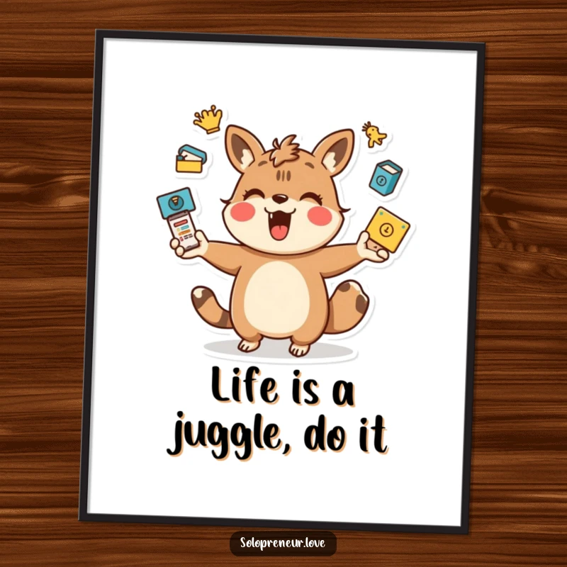 Funny Free Printable Wall Art featuring a playful animal character juggling various icons, a humorous depiction of multitasking.