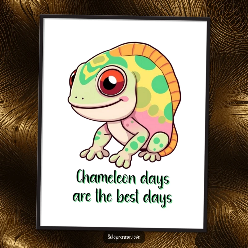 Funny Free Printable Wall Art: A smiling, pattern-shifting chameleon expressing a spectrum of chaotic emotions in vibrant colors.