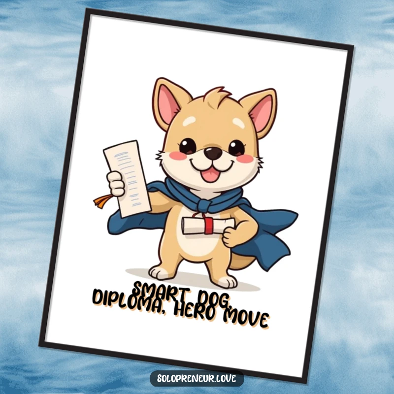 Funny Free Printable Wall Art: A confident dog standing heroically, diploma in paw, exuding pride and celebrating accomplishment.