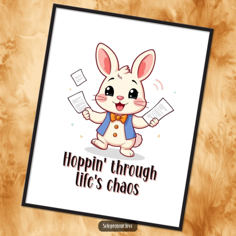 Funny Free Printable Wall Art: A cheerful rabbit character comically juggling numerous business invoices, representing busy work life.