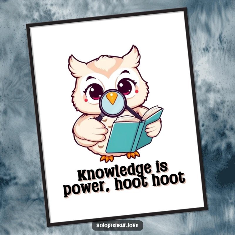 Funny Free Printable Wall Art of a happy owl character reading a book with a magnifying glass, radiating wisdom and coziness.