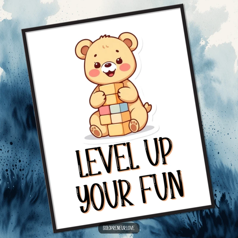 Free Printable Wall Art: A happy bear cub focused on building a colorful block tower, radiating playfulness.