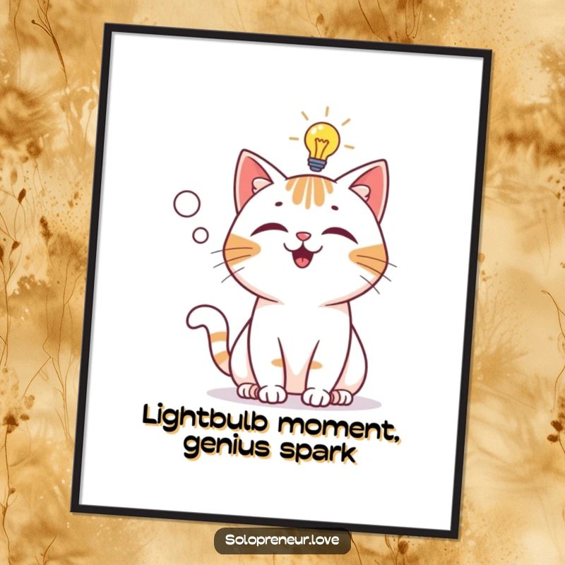 Funny Free Printable Wall Art: a playful cat character with a lightbulb appearing in its thought bubble, representing a 'lightbulb moment'.