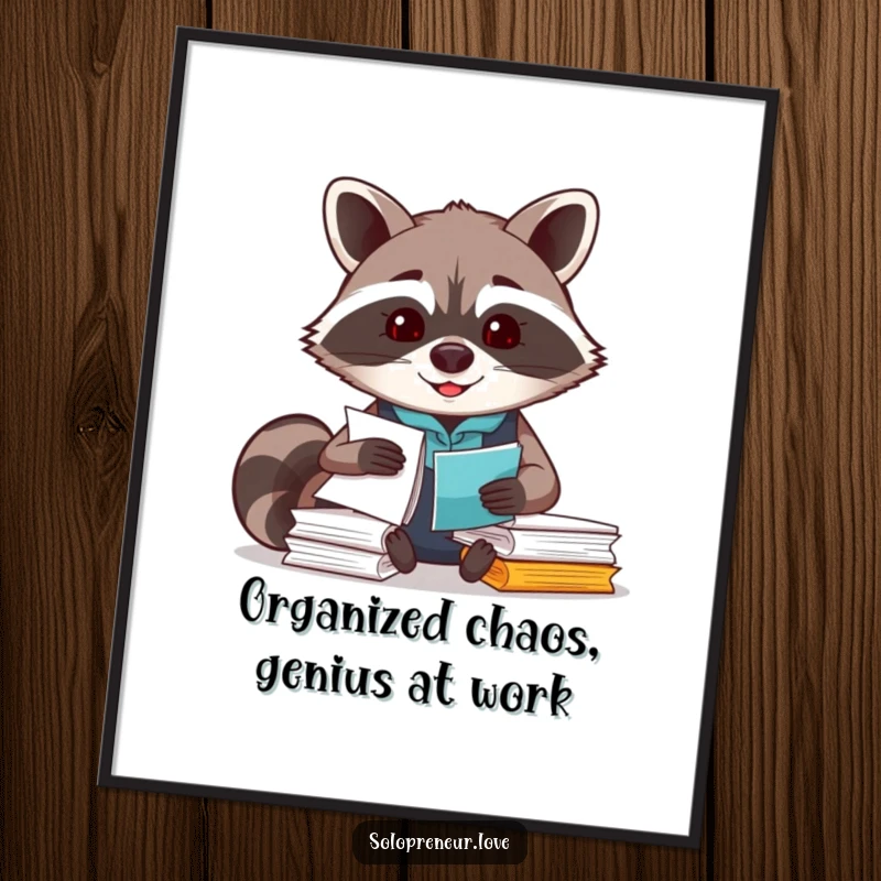 Funny Free Printable wall art of a smiling raccoon meticulously organizing a stack of papers, bringing desktop charm.