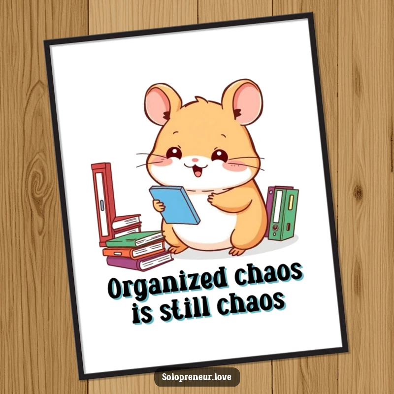 Funny Free Printable Wall Art showcasing a meticulous hamster surrounded by tiny, perfectly stacked files, radiating organizational bliss.