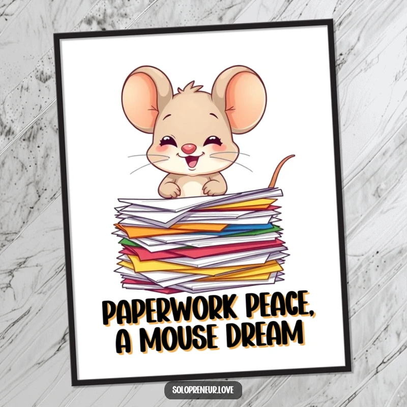 Funny Free Printable Wall Art featuring a giggling mouse character organizing a pile of colorful papers, adding a splash of fun.