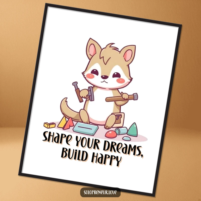 Funny Free Printable Wall Art featuring an animal character building a structure from abstract shapes, evoking creativity and focus.