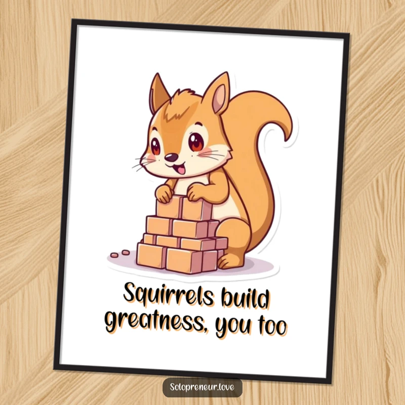 Funny free printable wall art of a determined squirrel character building a small, intricate structure with colorful blocks, showcasing focus and skill.
