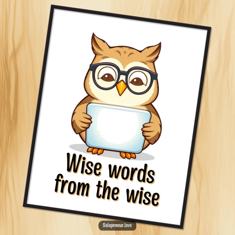 Funny Free Printable Wall Art: A happy owl with glasses intently reads a glowing tablet, radiating intelligent humor and charm.