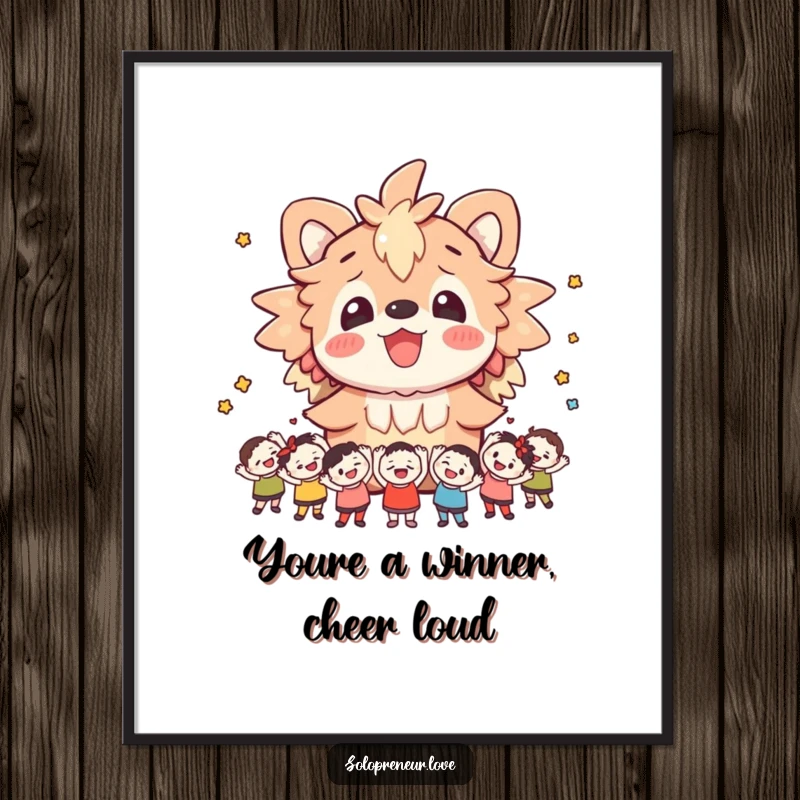 Funny Free Printable Wall Art: A happy creature is the center of attention, surrounded by small, cheering figures in a festive scene.