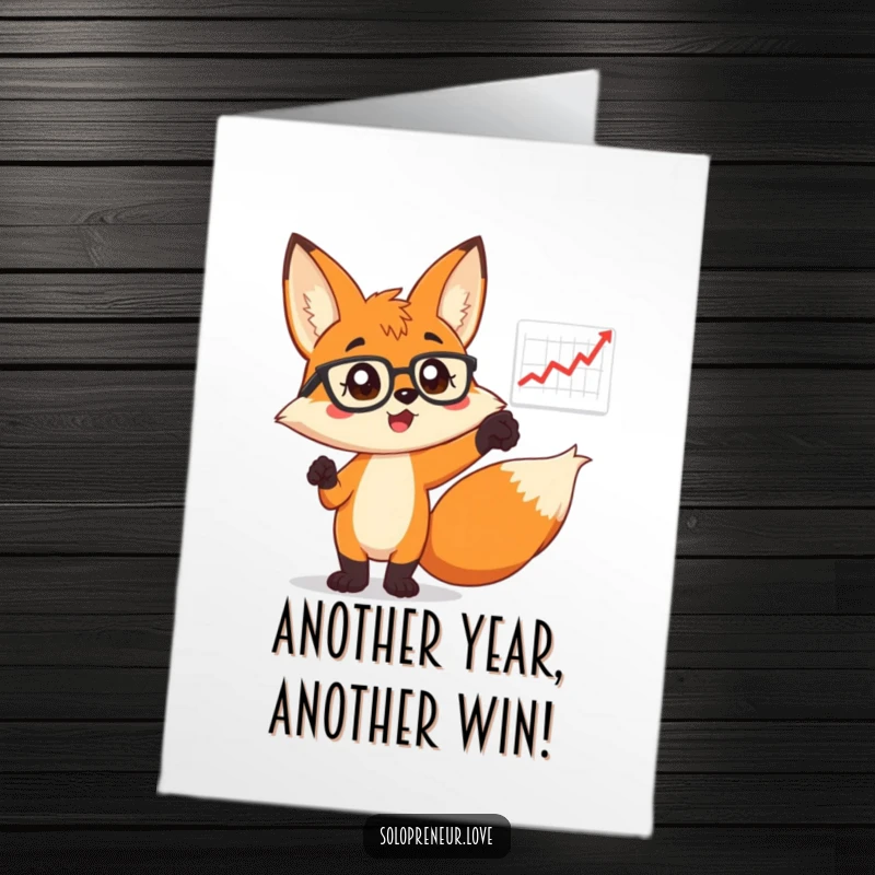 Funny Free Printable Happy Birthday Card: Determined fox wearing glasses excitedly points to a floating bar chart graph.