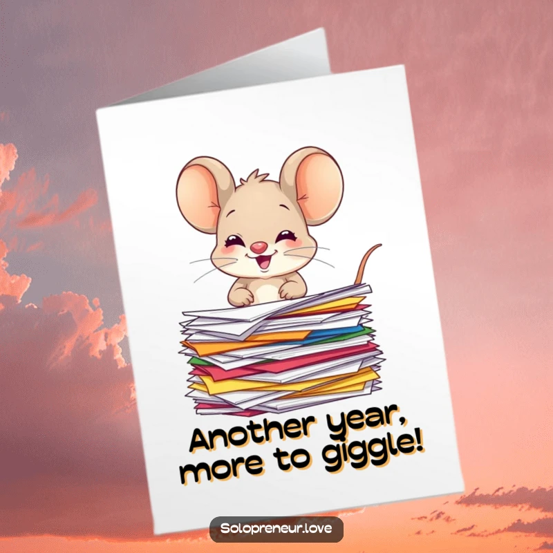 Funny Free Printable Birthday Card featuring a giggling mouse character meticulously organizing a colorful pile of papers with glee.
