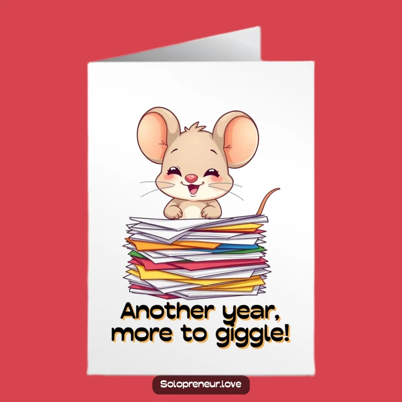 Free Printable Birthday Card: Giggling Mouse Organizing Papers - Funny Downloadable Gift