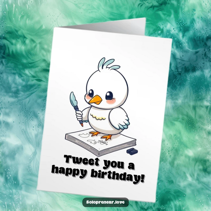 Funny Free Printable Birthday Card: Creative bird artist diligently sketching on a notepad with a feather pen, adding flair.