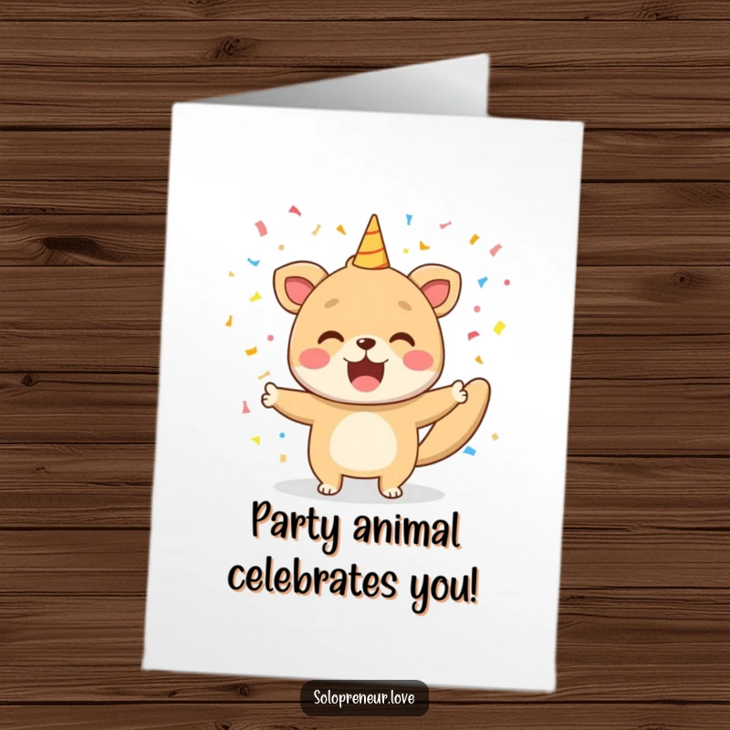 Funny Free Printable Birthday Card: Happy animal cheers with a confetti shower, celebrating a big win. Print at home.