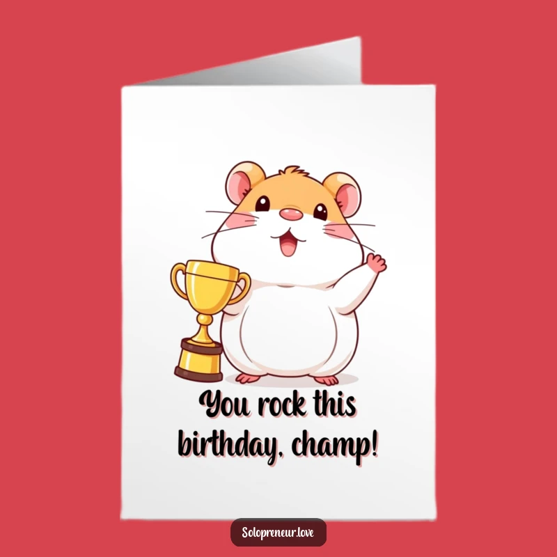 Free Printable Birthday Card: Beaming Hamster with Trophy - Funny Downloadable Gift