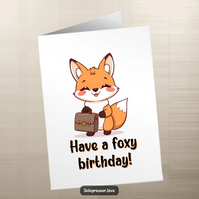 Funny free printable birthday card showing a cheerful fox in a suit holding a briefcase, celebrating with a wide smile.