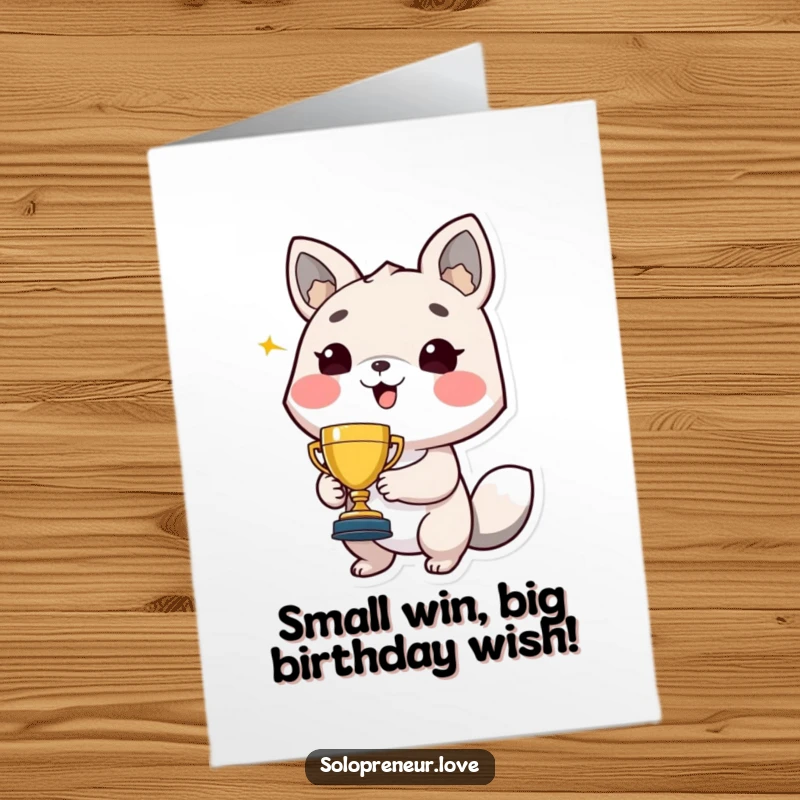Funny Free Printable Birthday Card: Animal holding tiny trophy beaming proudly, celebrating a win in cute style.