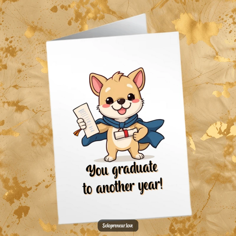 Funny Free Printable Birthday Card: A confident dog striking a heroic pose, diploma proudly held, ready to celebrate a milestone birthday.