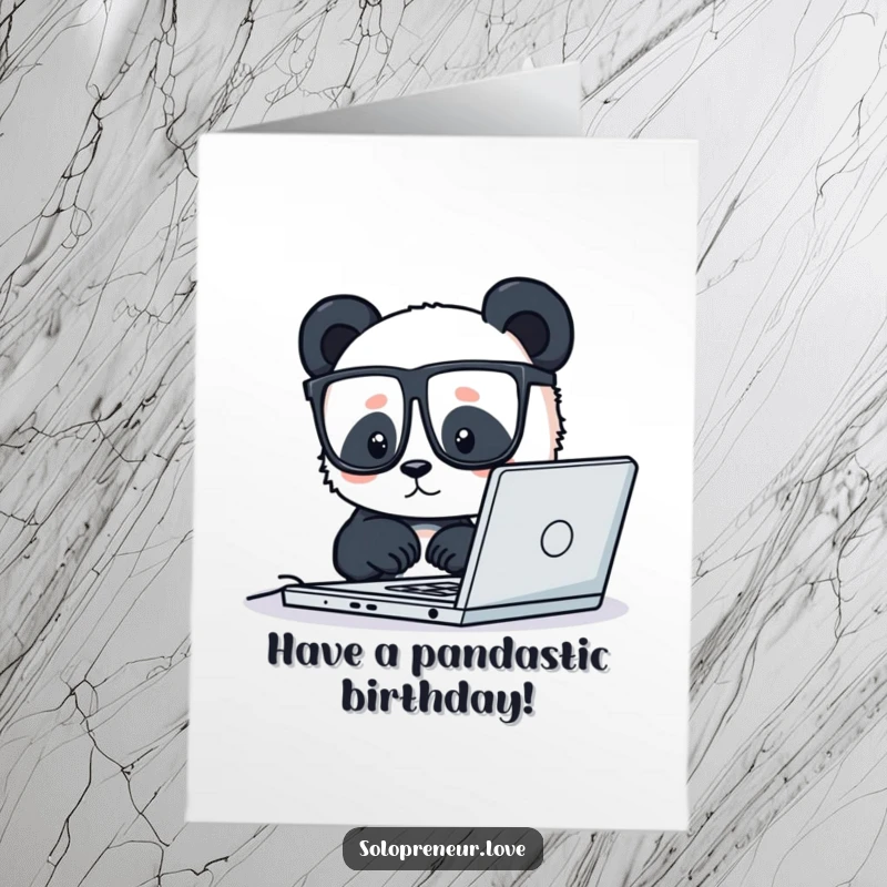 Funny free printable birthday card with a cute panda wearing glasses intensely working on a laptop, celebrating with party hat.