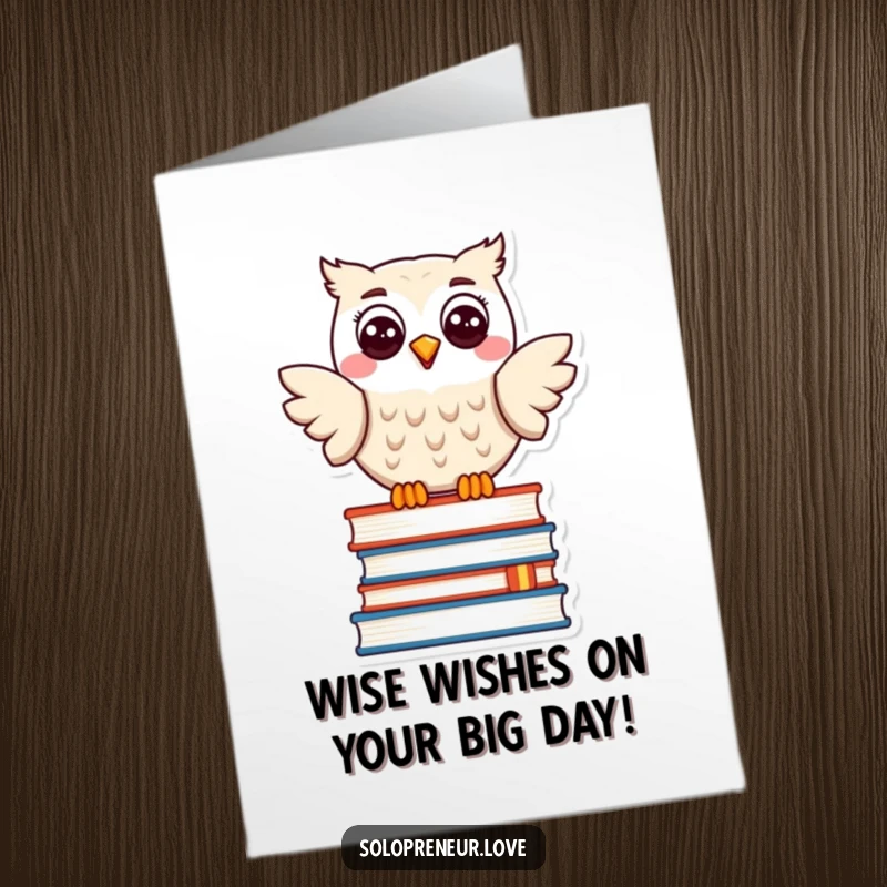 Funny Free Printable Birthday Card: Cheerful owl rests on a tall stack of books, radiating wisdom and humor.