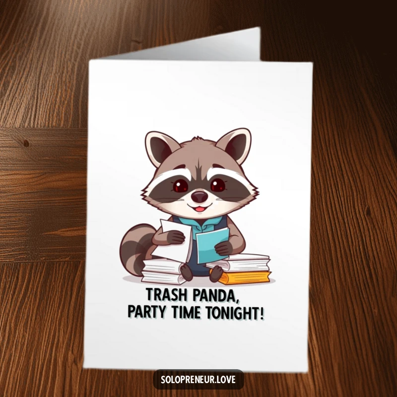 Funny Free Printable birthday card featuring a hardworking raccoon happily organizing papers, ready to celebrate.