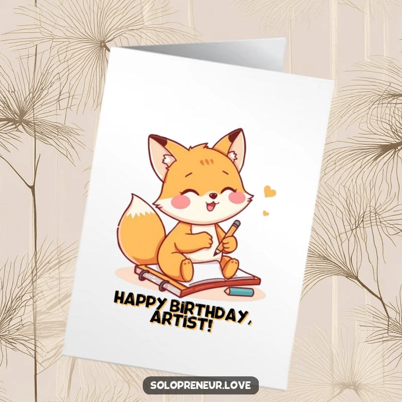 Funny Free Printable birthday card: Small fox gleefully sketching on a notepad, capturing the joy of creation.