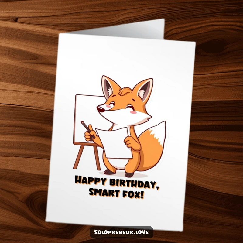 Funny Free Printable Birthday Card: A focused fox with a plan enthusiastically points at a whiteboard, planning a party.