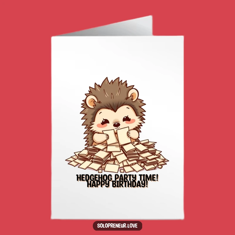 Free Printable Birthday Card: Busy Hedgehog's Papers, Funny Downloadable Gift for Organized Fun