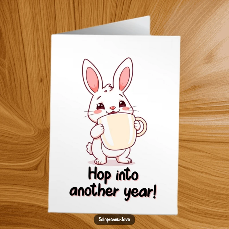 Funny Free Printable birthday card: Determined rabbit cheerfully holding a large coffee cup, ready to celebrate.