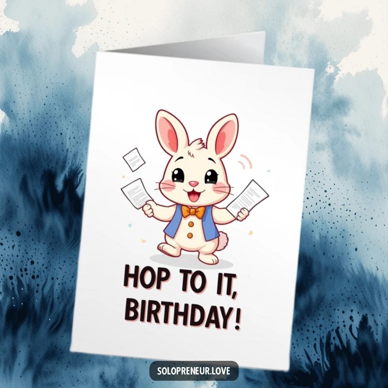 Funny Free Printable Birthday Card: A cheerful rabbit character comically juggling stacks of business invoices.